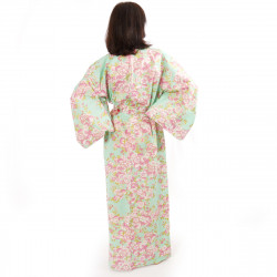 japanischer Yukata Kimono Türkis Baumwolle, SAKURA, Kirschblüten