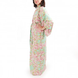 kimono giapponese yukata in cotone turchese, SAKURA, fiori di ciliegio