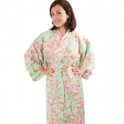 Japanese traditional turquois cotton yukata kimono colorful sakura flowers for ladies