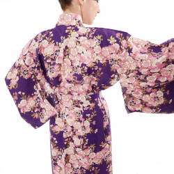 Kimono Yukata Púrpura Japonés En Algodón, SAKURA, flores de cerezo