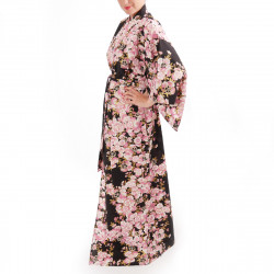 kimono giapponese yukata in cotone nero, SAKURA, fiori di ciliegio