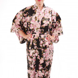 kimono giapponese yukata in cotone nero, SAKURA, fiori di ciliegio