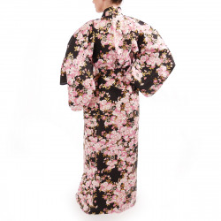 japanischer Yukata Kimono aus schwarzer Baumwolle, SAKURA, Kirschblüten