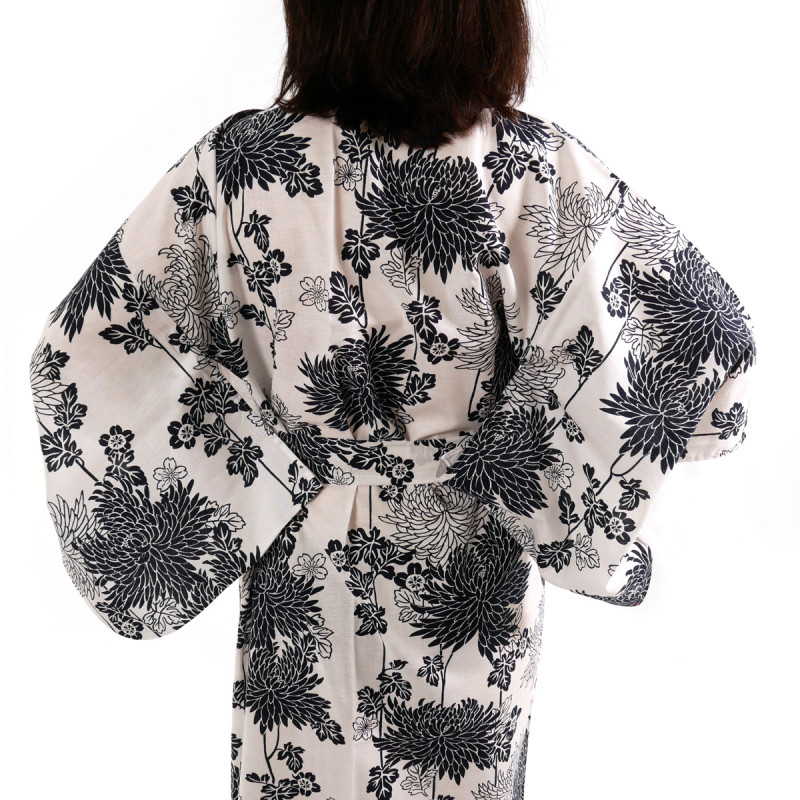 Japanese traditional white cotton yukata kimono chrysanthemum for ladies