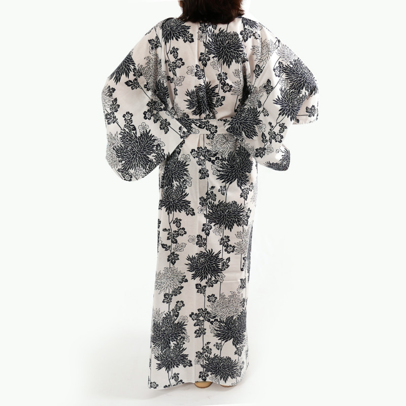 Japanese traditional white cotton yukata kimono chrysanthemum for ladies