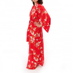 kimono giapponese yukata in cotone rosso, CHÔSAKURA, fiori di ciliegio e farfalle