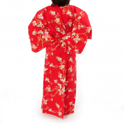 japanische Yukata Kimono rote Baumwolle, CHÔSAKURA, Kirschblüten und Schmetterlinge