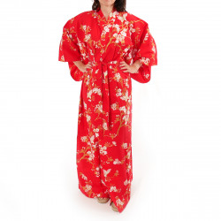 japanische Yukata Kimono rote Baumwolle, CHÔSAKURA, Kirschblüten und Schmetterlinge