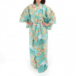 japanischer Yukata Kimono Türkis Baumwolle, SAKURA FUJI, Sakura-Kirschblüten und Fuji-Montierung