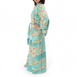 japanischer Yukata Kimono Türkis Baumwolle, SAKURA FUJI, Sakura-Kirschblüten und Fuji-Montierung