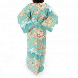 japanischer Yukata Kimono Türkis Baumwolle, SAKURA FUJI, Sakura-Kirschblüten und Fuji-Montierung