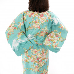 kimono yukata traditionnel japonais turquoise en coton fleurs de cerisiers sakura sur mont fuji pour femme