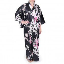 kimono yukata giapponese nero in seta, RAN, fiori di orchidea