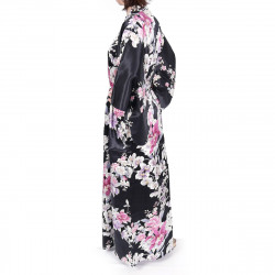 kimono yukata giapponese nero in seta, RAN, fiori di orchidea