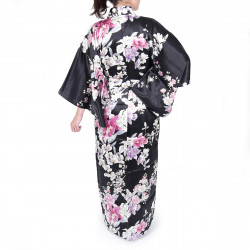 kimono yukata giapponese nero in seta, RAN, fiori di orchidea