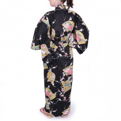 yukata giapponese nero in cotone satinato, PEONY HIME, principesse e peonia