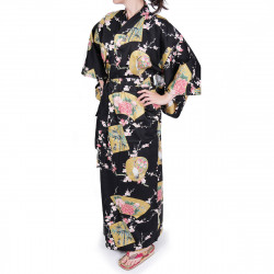 schwarzer japanischer Yukata in Satinbaumwolle, PEONY HIME, Prinzessinnen und Pfingstrosen