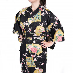 schwarzer japanischer Yukata in Satinbaumwolle, PEONY HIME, Prinzessinnen und Pfingstrosen