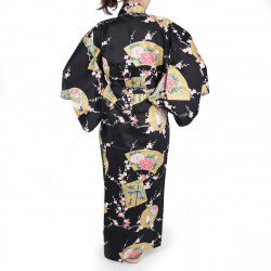 schwarzer japanischer Yukata in Satinbaumwolle, PEONY HIME, Prinzessinnen und Pfingstrosen