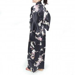 Kimono Yukata Japonés Negro En Seda, TSURU PEONY, grullas y flores de peonía