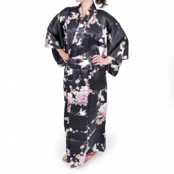 Kimono Yukata Japonés Negro En Seda, TSURU PEONY, grullas y flores de peonía