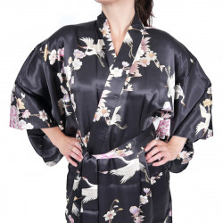 kimono yukata giapponese nero in seta, TSURU PEONY, gru e fiori di peonia