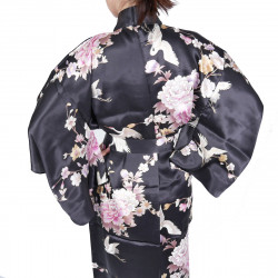 kimono yukata giapponese nero in seta, TSURU PEONY, gru e fiori di peonia