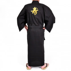 Kimono japonés negro en algodón fino, CHÔJU,  Kanji longevidad