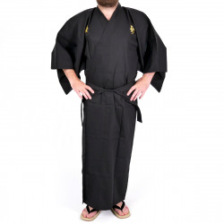 Japanese traditional black kimono in cotton broadcloth longevity kanji for men