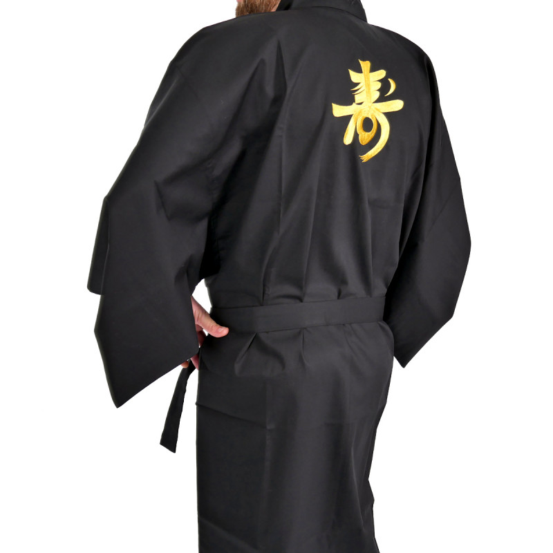 Kimono giapponese nero in cotone fine, CHÔJU,  Kanji longevità