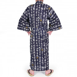 Japanese traditional blue navy cotton yukata kimono HANNYA sutra for men