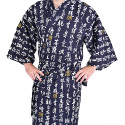 Japanese traditional blue navy cotton yukata kimono HANNYA sutra for men