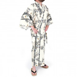 japanischer herren beigefarbener Yukata-Kimono, TAKE, Bambus und Vögel