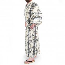 Japanese traditional beige cotton yukata kimono bamboo and sparrow for men