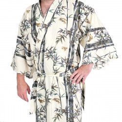 Japanese traditional beige cotton yukata kimono bamboo and sparrow for men