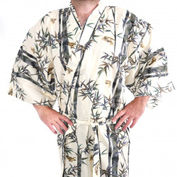 Japanese traditional beige cotton yukata kimono bamboo and sparrow for men