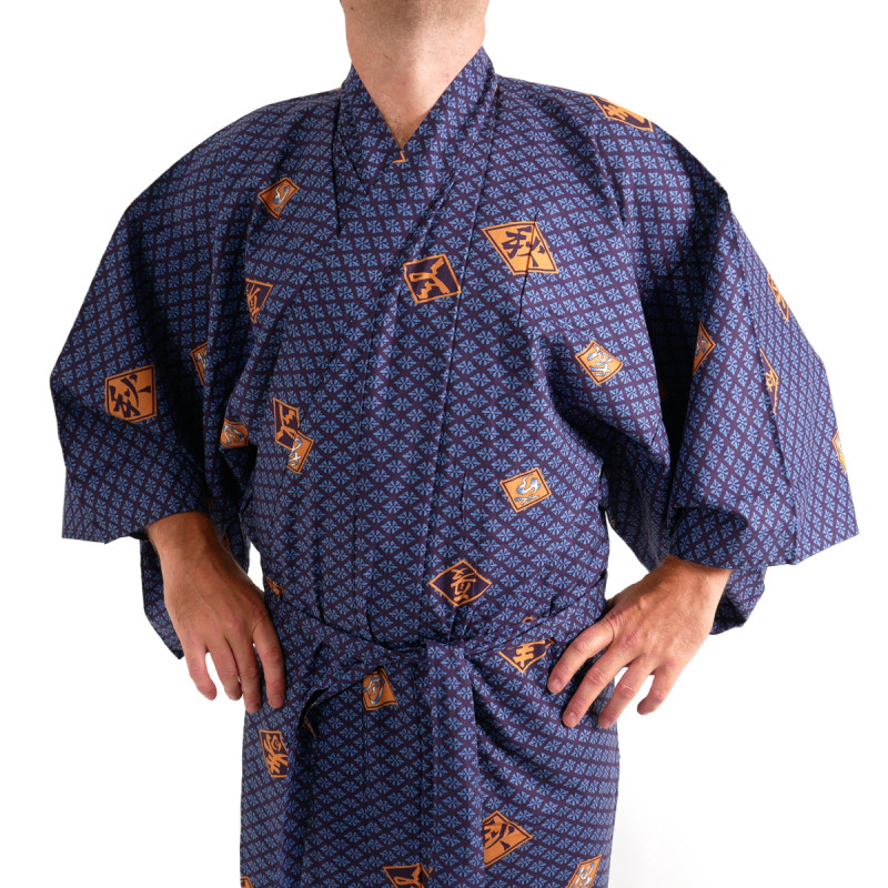 yukata kimono giapponese blu in cotone, DIAMOND, diamanti e kanji