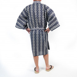 Kimono happi de algodón azul tradicional japonés con patrones de cadenas para hombre