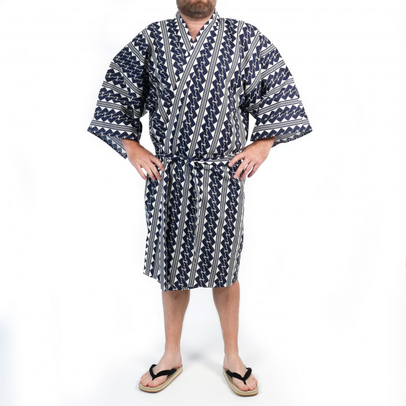 Kimono happi traditionnel japonais bleu en coton motifs chaînes pour homme, HAPPI KUSARI