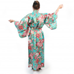 Kimono yukata turquesa tradicional japonés en bolas de temari de algodón y peonías para mujer