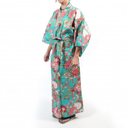 Japanischer traditioneller türkisfarbener Yukata-Kimono aus Baumwoll-Temari-Kugeln und Pfingstrosen für Frauen