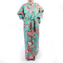 Japanischer traditioneller türkisfarbener Yukata-Kimono aus Baumwoll-Temari-Kugeln und Pfingstrosen für Frauen