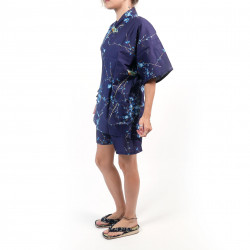 Kimono jinbei tradizionale giapponese in cotone blu con fiori di uccelli e prugne per donna