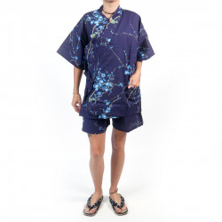 Japanese traditional blue cotton jinbei kimono with bird and plum flowers for women