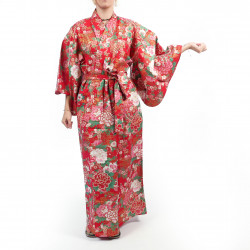 Kimono yukata tradizionale giapponese in cotone rosso con palline temari e peonie per donna