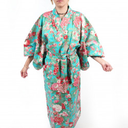 Kimono yukata turchese tradizionale giapponese in palline di cotone temari e peonie per le donne