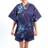 Japanese traditional blue cotton jinbei kimono with bird and plum flowers for women