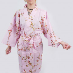 Japanischer traditioneller Happi Kimono rosa Baumwolle goldene Pflaumenblüten für Frauen