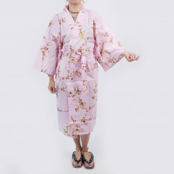 Japanese traditional happi kimono pink cotton golden plum flowers for women