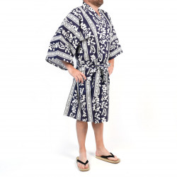 Japanischer traditioneller Happi-Kimono aus blauer Baumwolle mit Herbstmond-Kanji für Männer